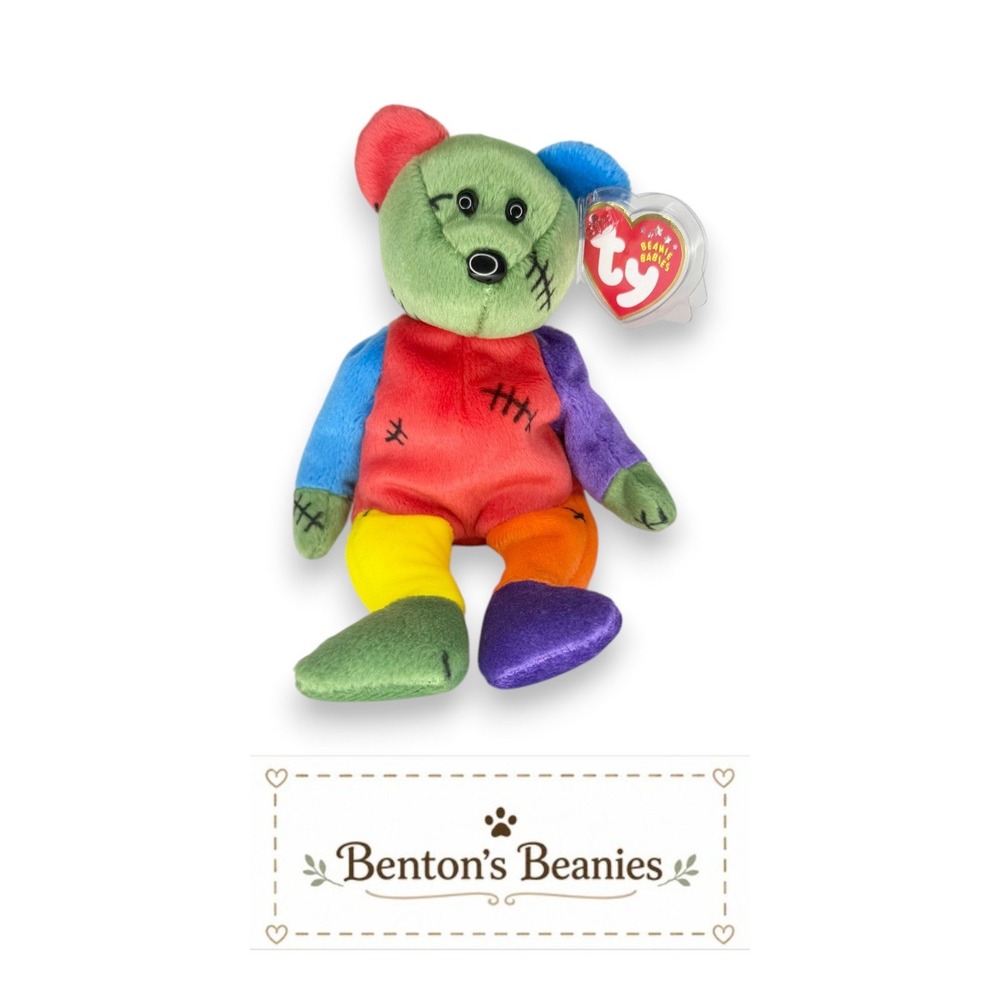 FrankenTeddy the Bear Ty Beanie Baby | Green/Purple Feet 💚💜 | Mint Heart Tag ⭐